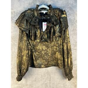 A Loves A Blouse Medium Black Gold Lace Ruffled Whimsigoth Coquette Holidays NWT